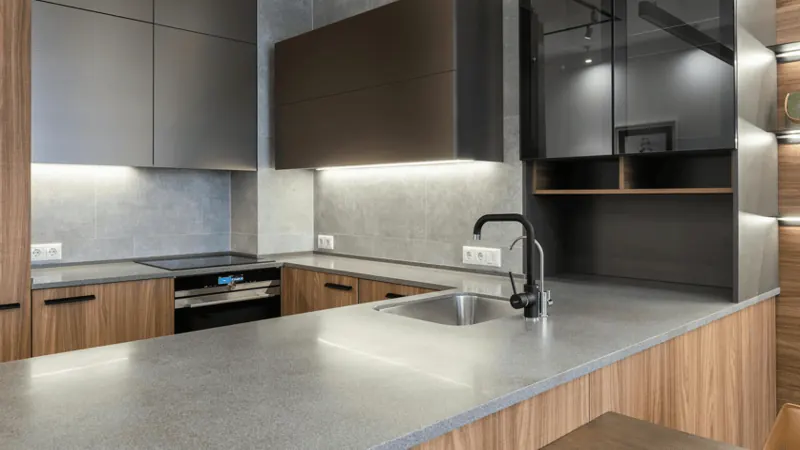 Clean modern kitchen with sink and worktops